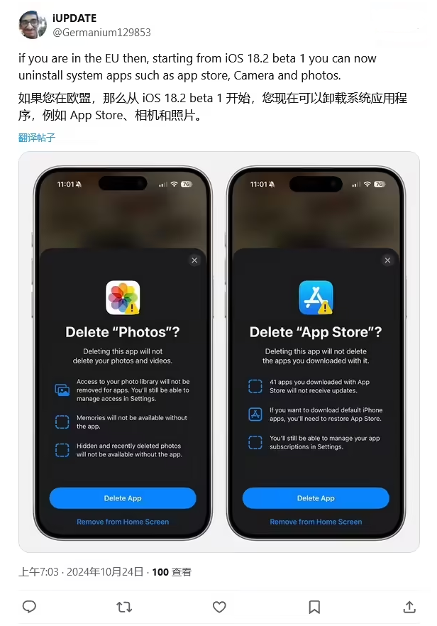 南山苹果手机维修分享iOS 18.2 支持删除 App Store 应用商店 