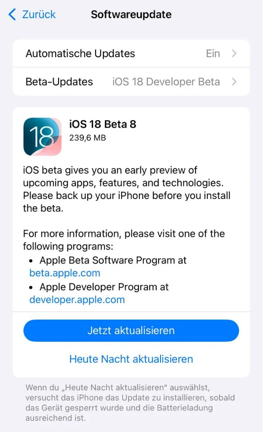 南山苹果手机维修分享苹果 iOS / iPadOS 18 开发者预览版 Beta 8 发布 